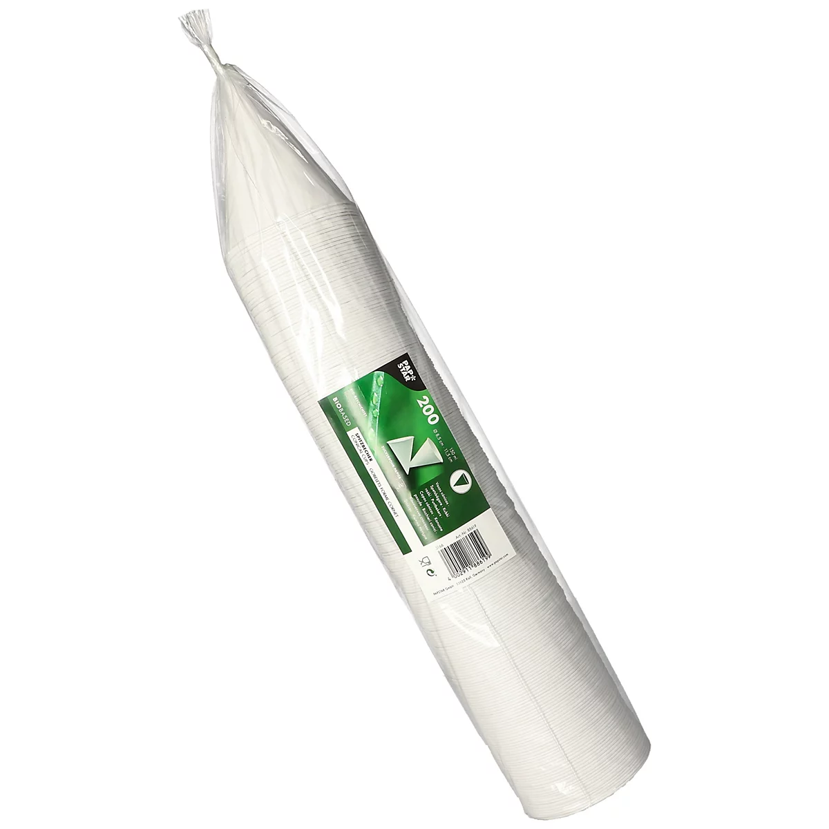 Rouleau de gobelets en papier blancs emballés dans du film plastique. Une étiquette avec le numéro "200" est visible.