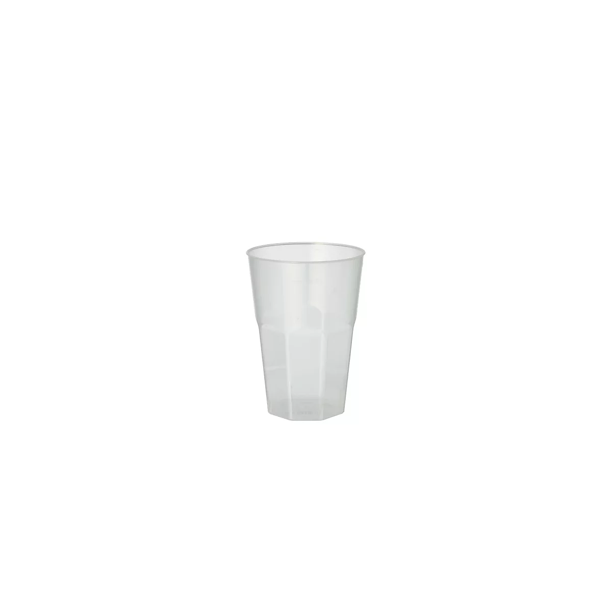 Gobelet en plastique transparent avec un design octogonal.
