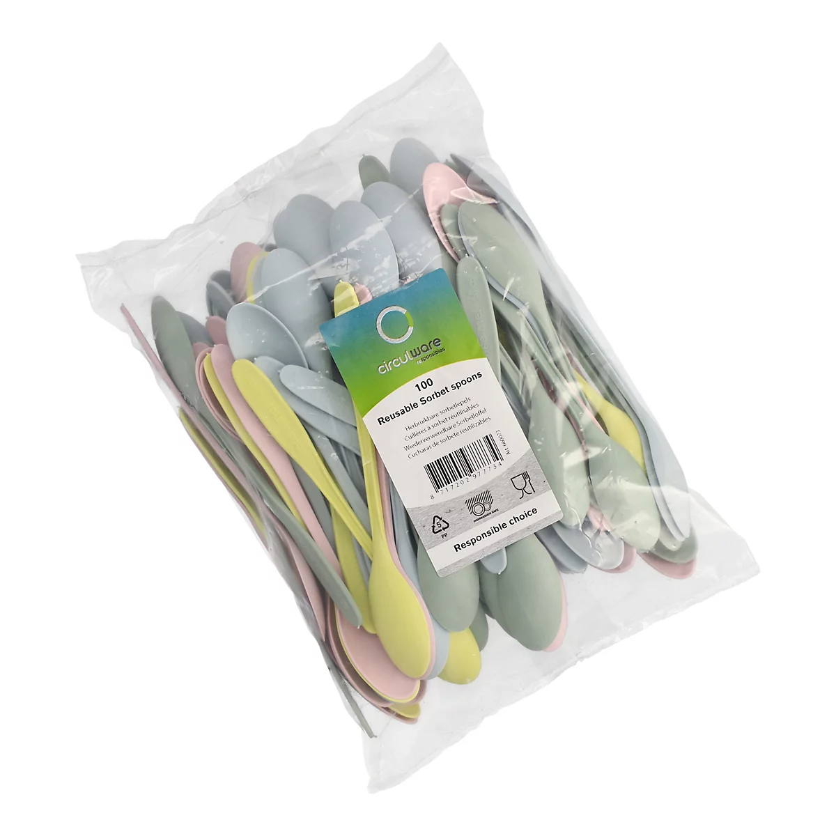 Packung mit wiederverwendbaren Löffeln in Pastellfarben. Löffel-Etikett mit Barcode und Text.