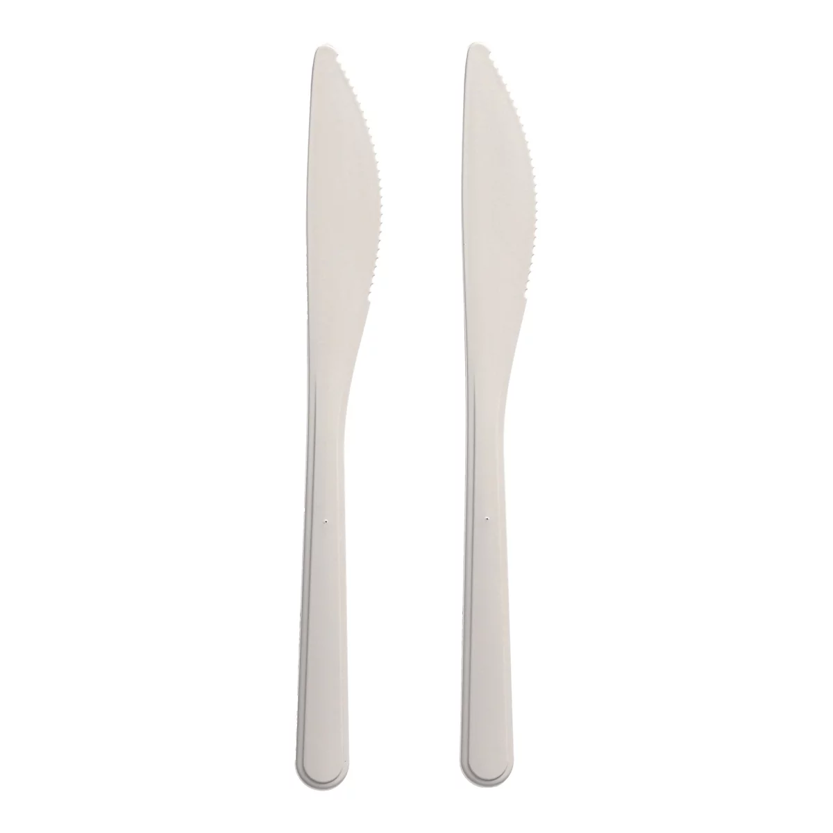 Zwei weiße Kunststoffmesser, auf weißem Hintergrund.