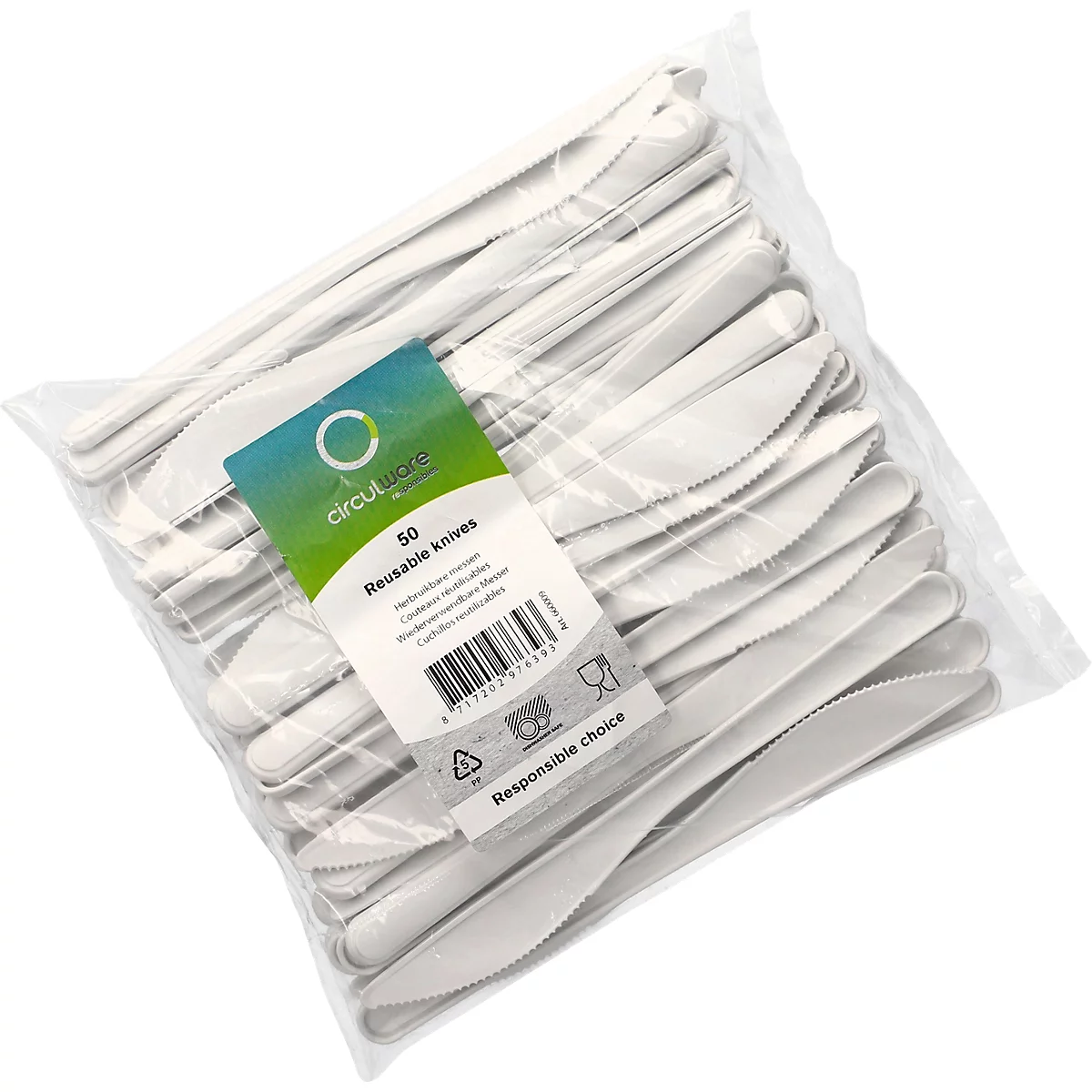 Plastikmesser-Packung. Etikett: 50 wiederverwendbare Messer, Responsible Choice.