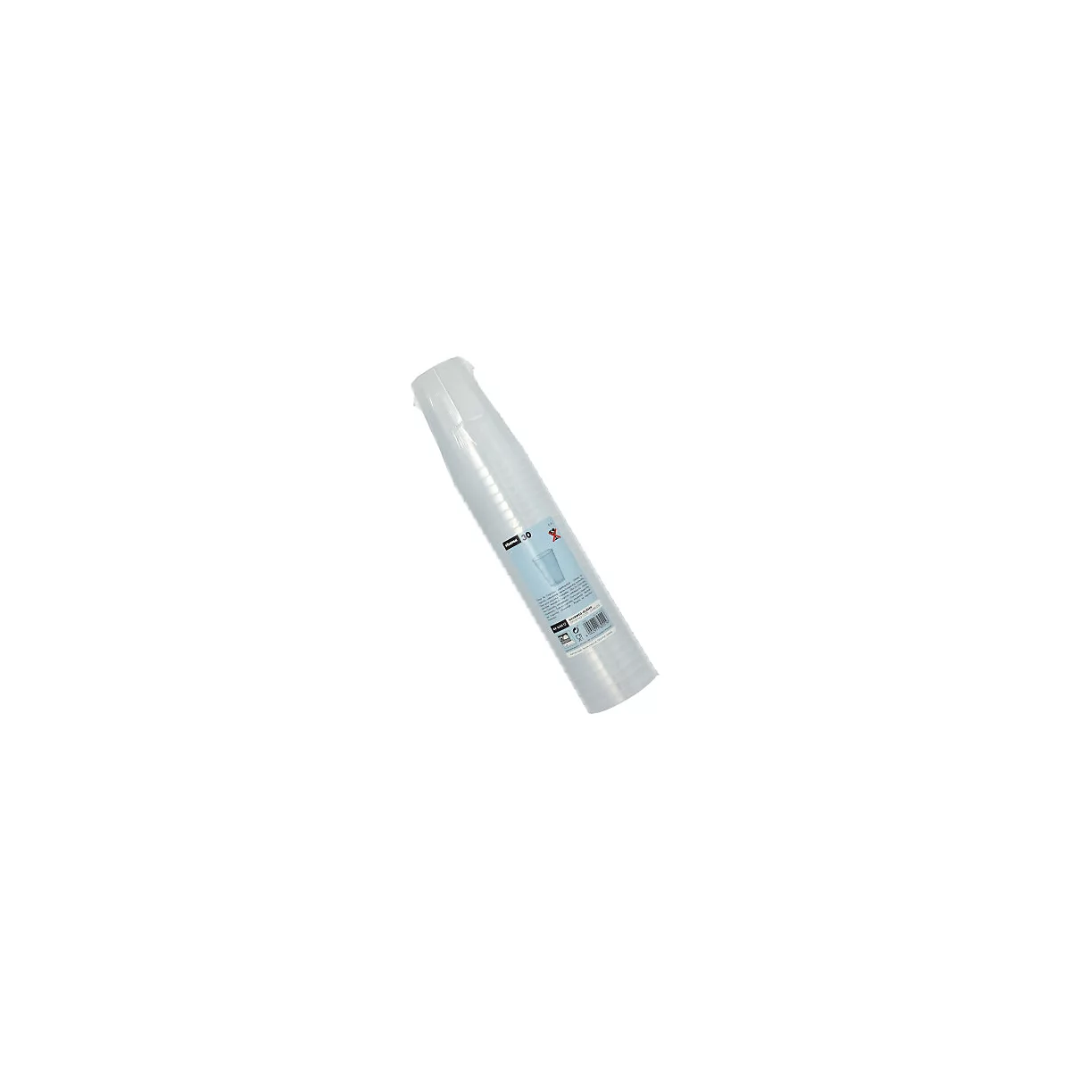 Bündel transparente Plastikbecher. Aufgedrucktes Etikett mit Produktinformationen.