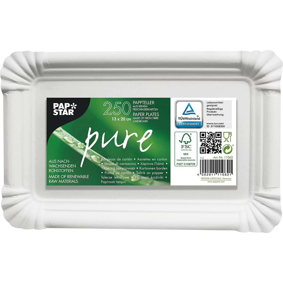 Rechthoekige witte papieren borden verpakking met tekst: "PAP STAR pure 250 PAPIEREN BORDEN".