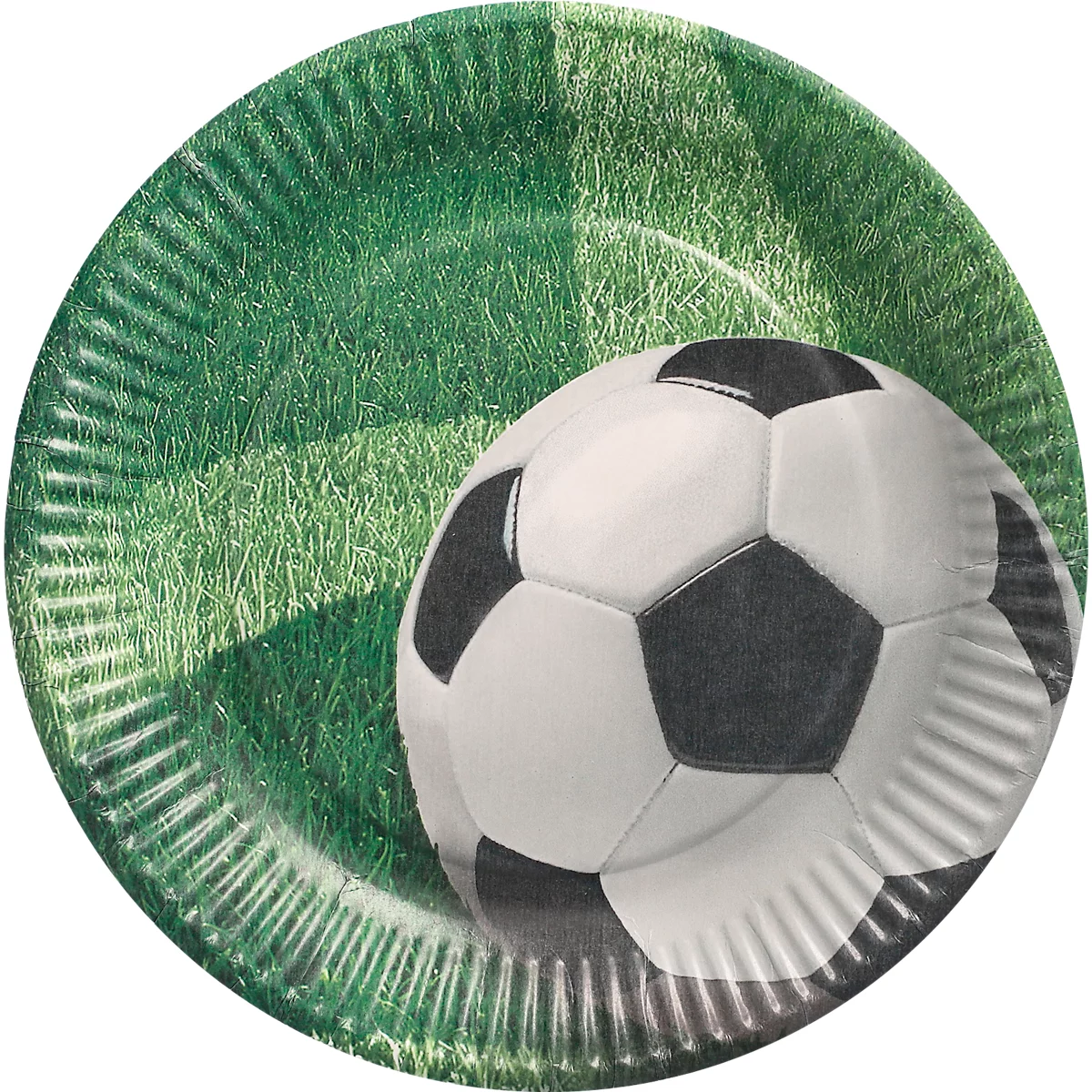 Teller mit Fussball-Design, grünem Gras Hintergrund und einem Fussball.