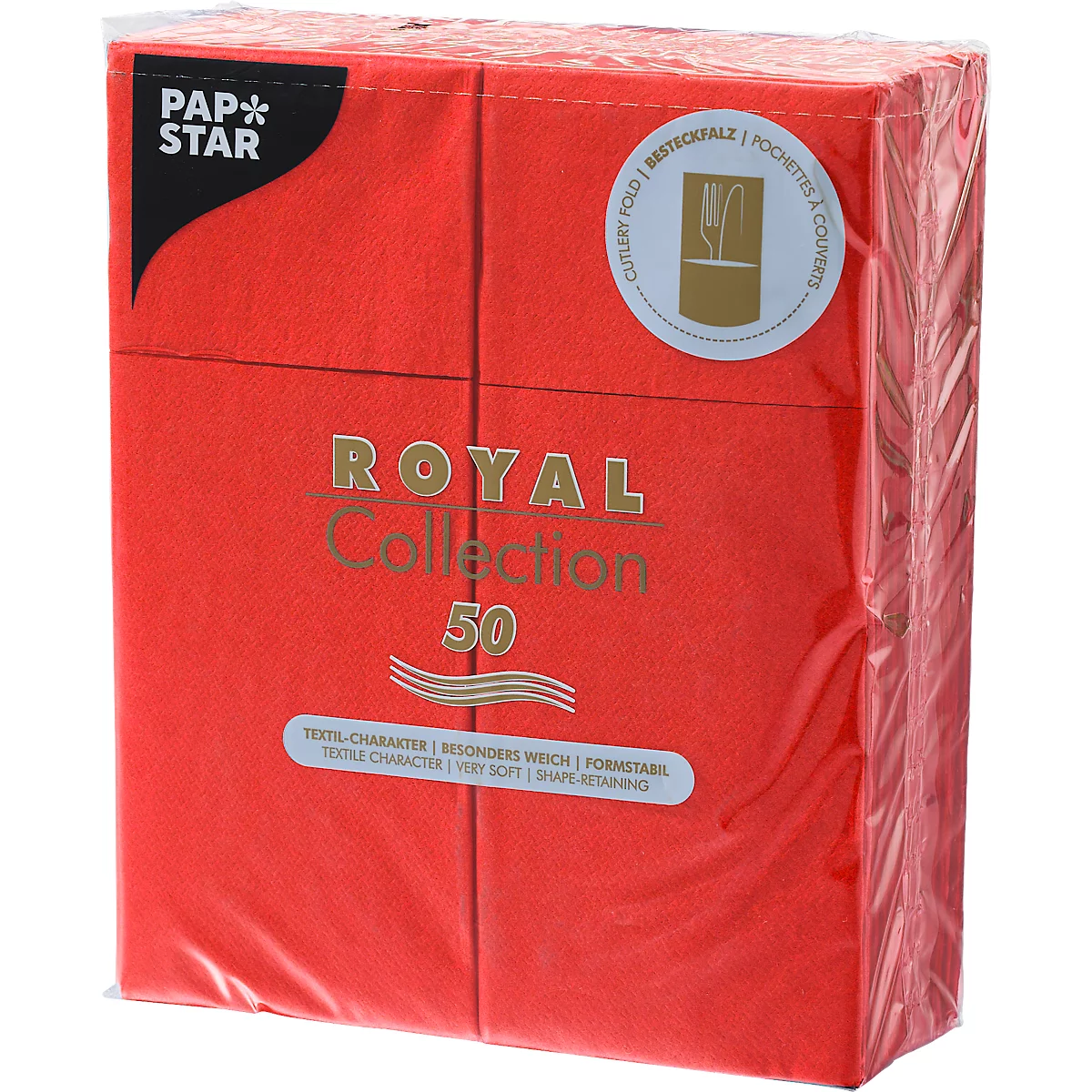 Paquet de serviettes rouges avec l'inscription "ROYAL Collection 50", emballé dans du film.