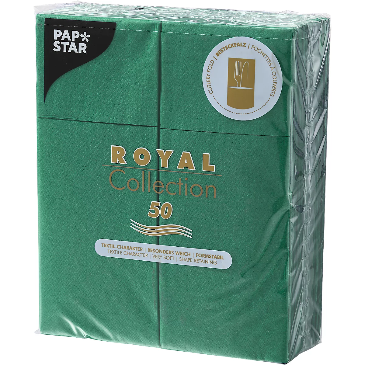 Un paquet de serviettes vertes avec l'inscription "ROYAL Collection 50". Emballé dans du film plastique.
