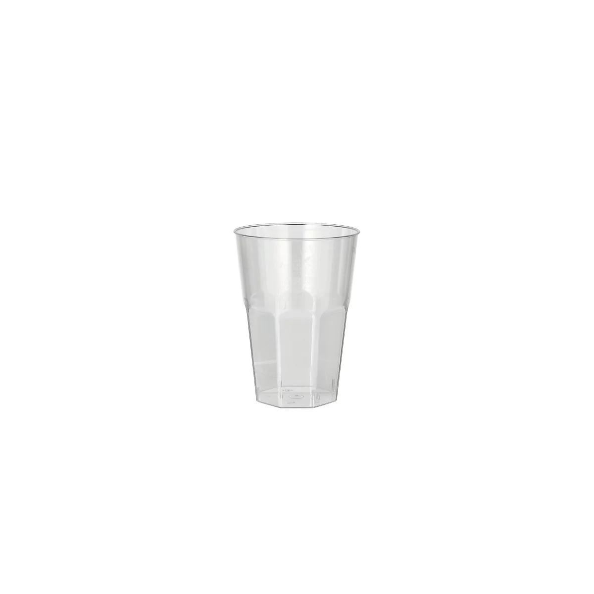 Gobelet en plastique transparent avec un motif octogonal.