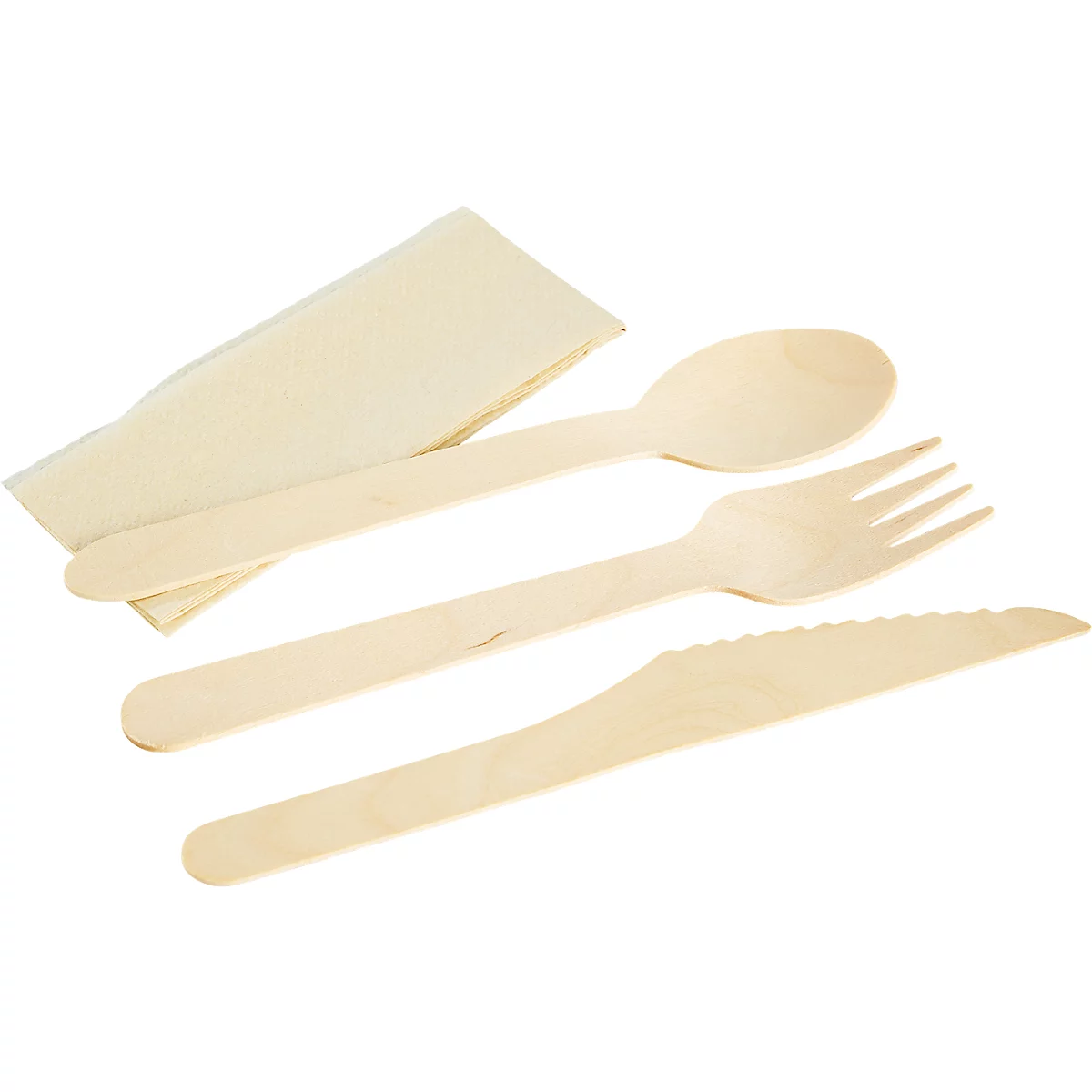 Houten bestekset met servet, bestaande uit mes, vork en lepel, op witte achtergrond.