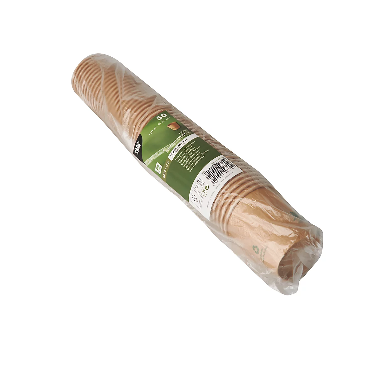 Een opgerolde stapel papieren bekers in folie. Opschrift: 50 stuks.