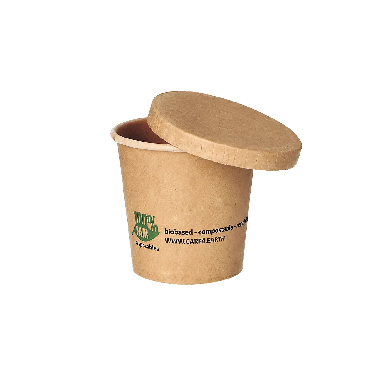 Bruine papieren kom met deksel, groene logo's, belettering. Milieuvriendelijk en composteerbaar.
