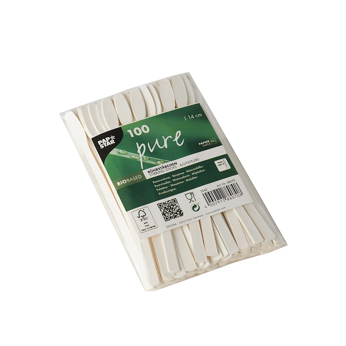 Papstar Pure roerstaafjes, peddelvorm, wegwerp, L 140 mm, 100 % biologisch afbreekbaar, FSC®-gecertificeerd papier, wit, 100 st.