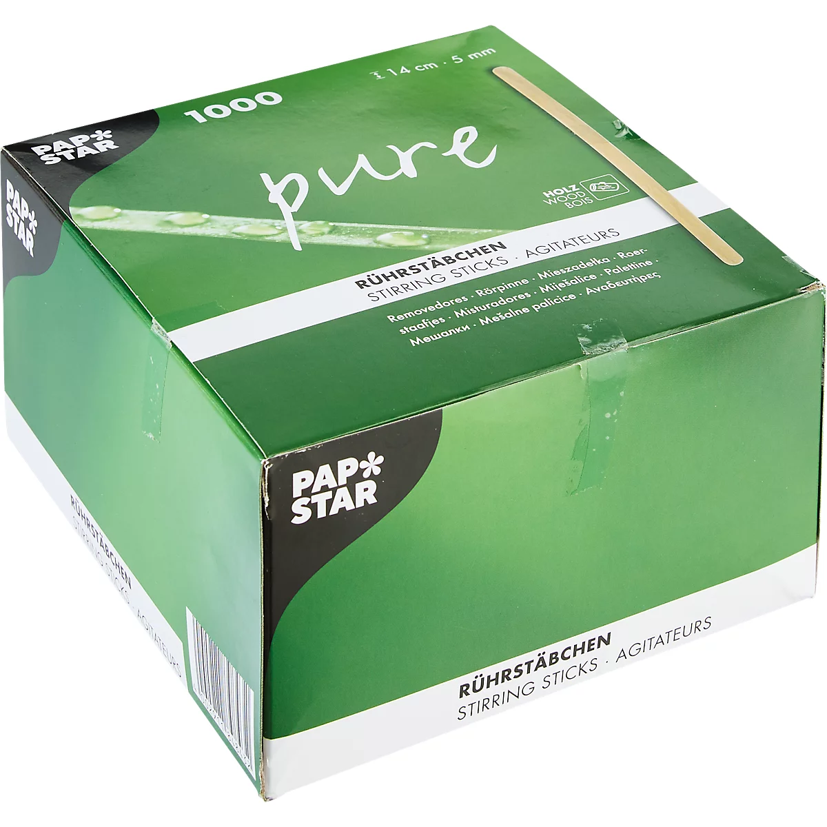 Groene kartonnen doos met 1000 roerstaafjes, met de tekst "pure" en "roerstaafjes".