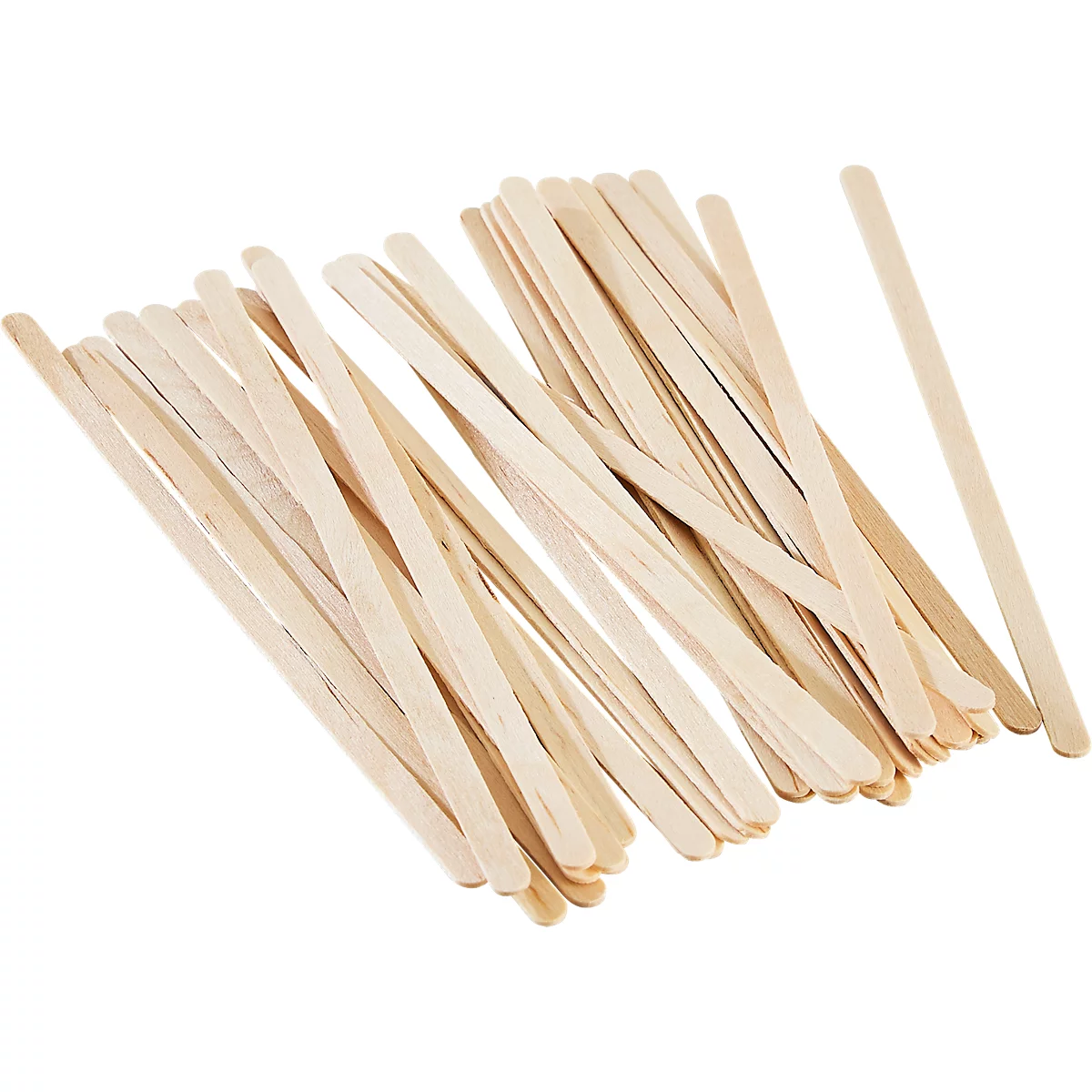 Stapel platte houten stokjes. Ze zijn lichtbruin en liggen willekeurig verspreid.