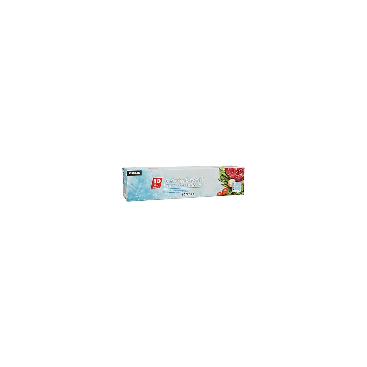 Emballage bleu clair, avec l'inscription 'STARPAK', '10 Litres' et 'Gefrierbeutel Diepvrieszakken'. Des aliments sont représentés.