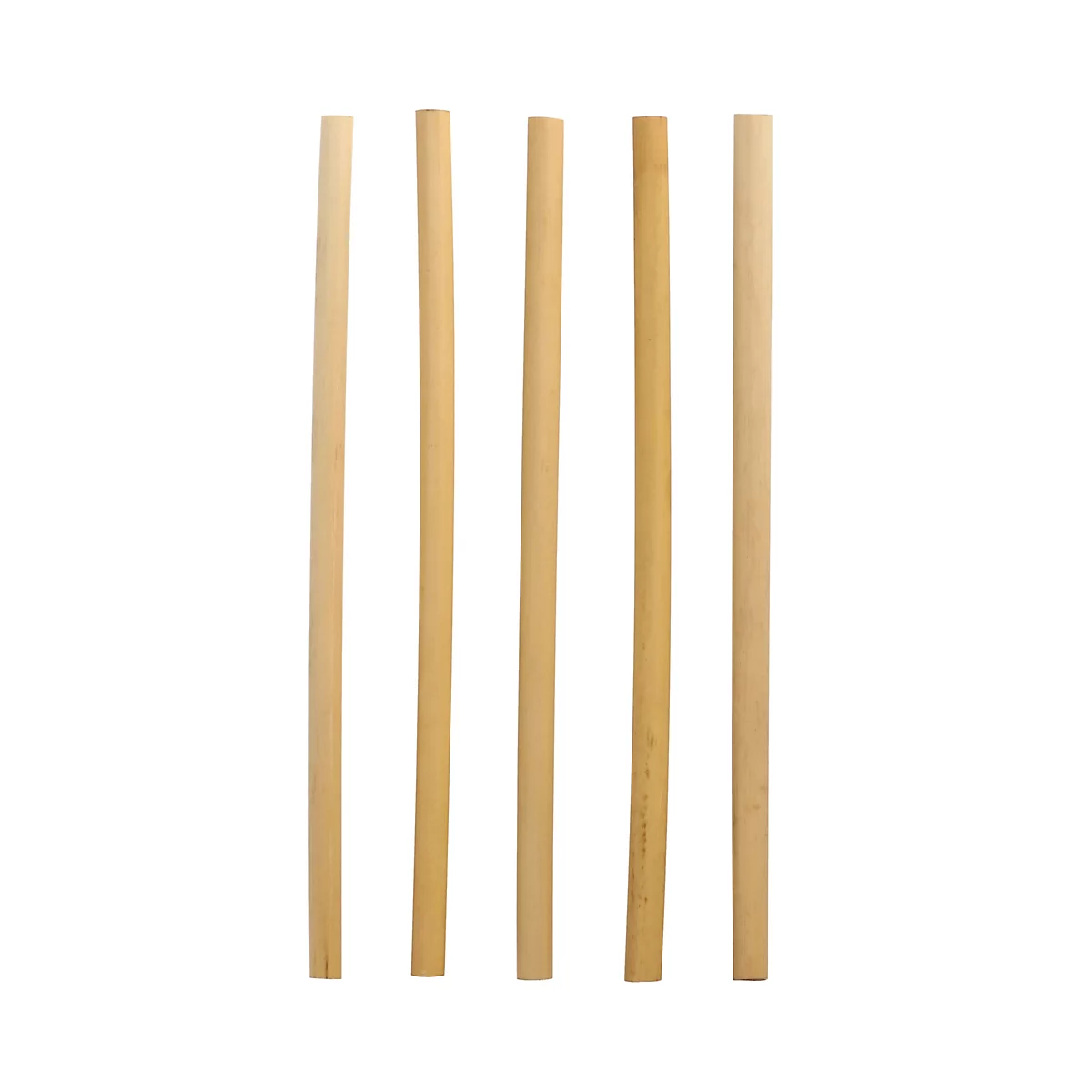 Sechs gerade, helle Holzstäbe, auf weißem Hintergrund angeordnet.