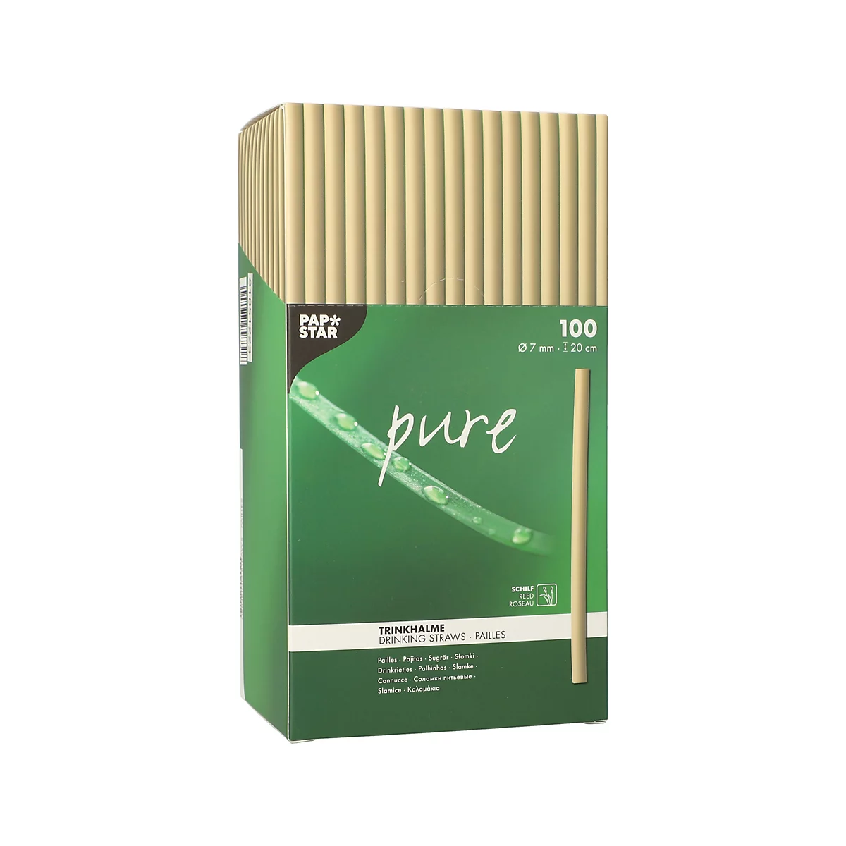Verpackung von Trinkhalmen, grün-beige. Aufschrift: "pure", "100", "Trinkhalme".
