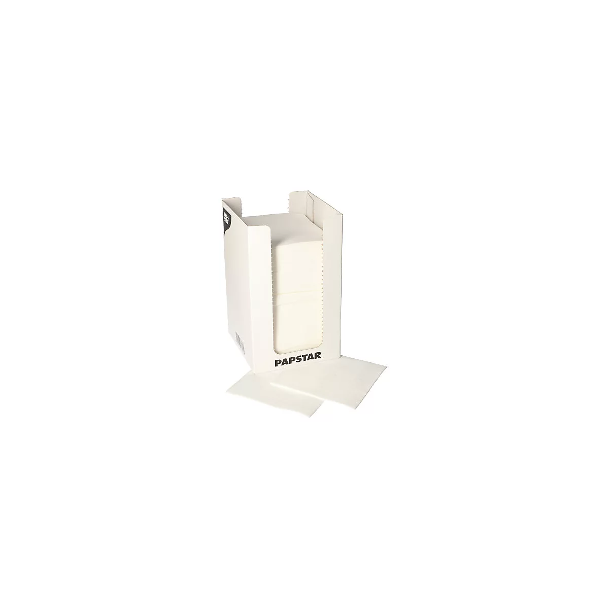 Witte papieren handdoekdispenser met de tekst "PAPSTAR". Twee handdoeken liggen ervoor.
