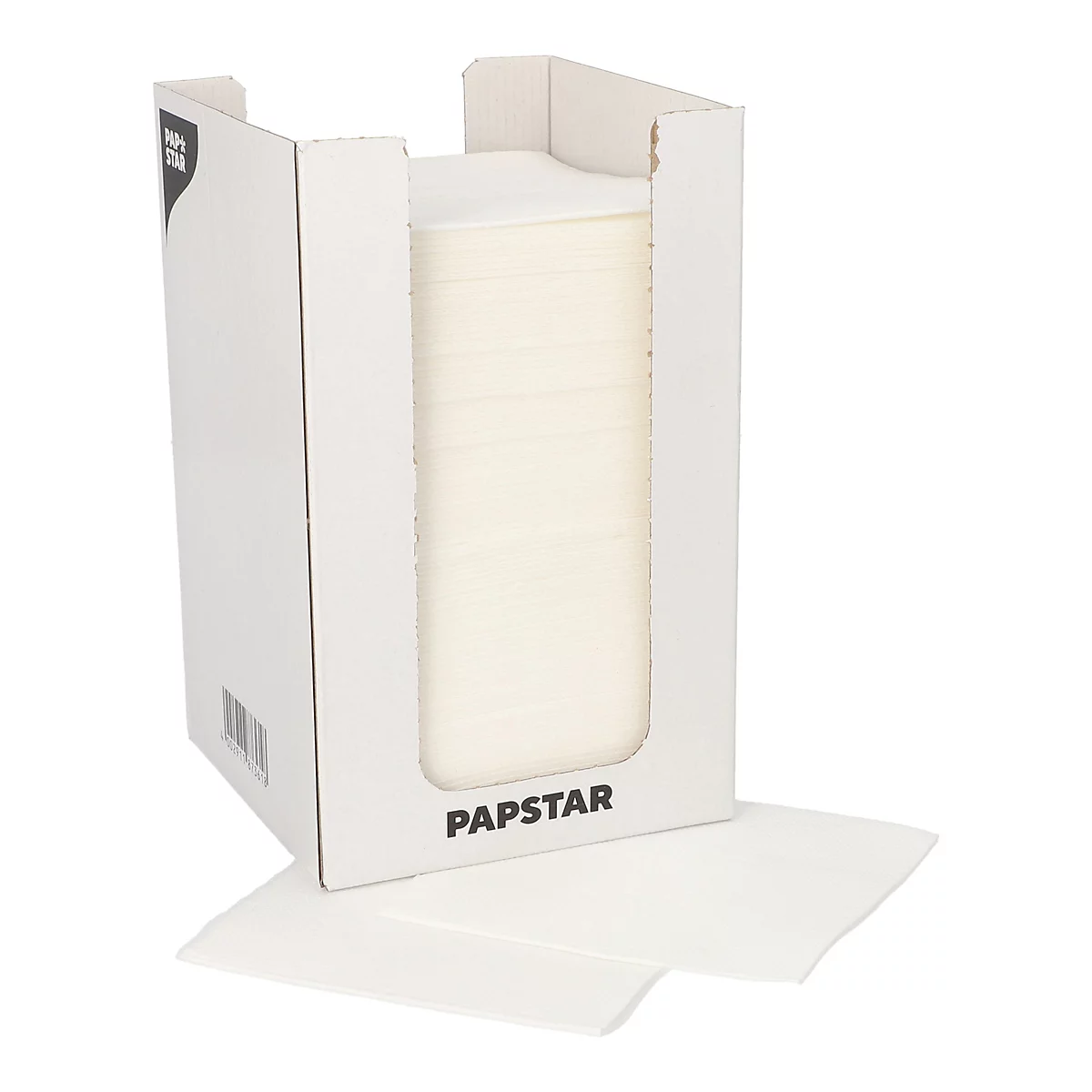 Serviettes en papier blanches dans un distributeur. “Papstar” est affiché sur le devant de la boîte.
