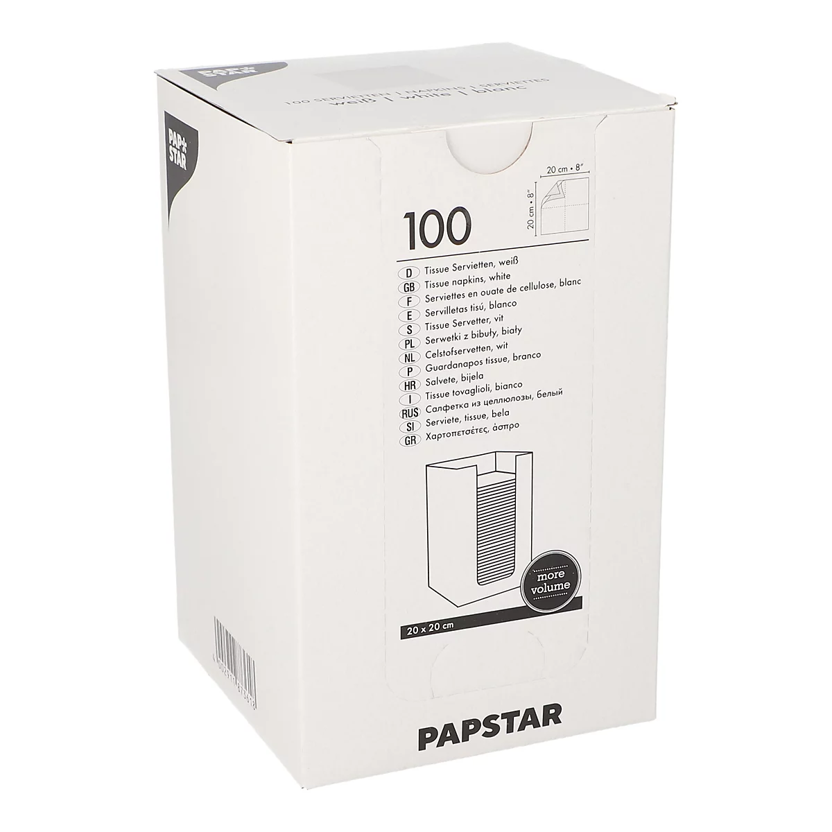 Boîte en carton blanche avec l'inscription "100" et différentes versions linguistiques de serviettes. Logo "PAPSTAR" en bas à droite.