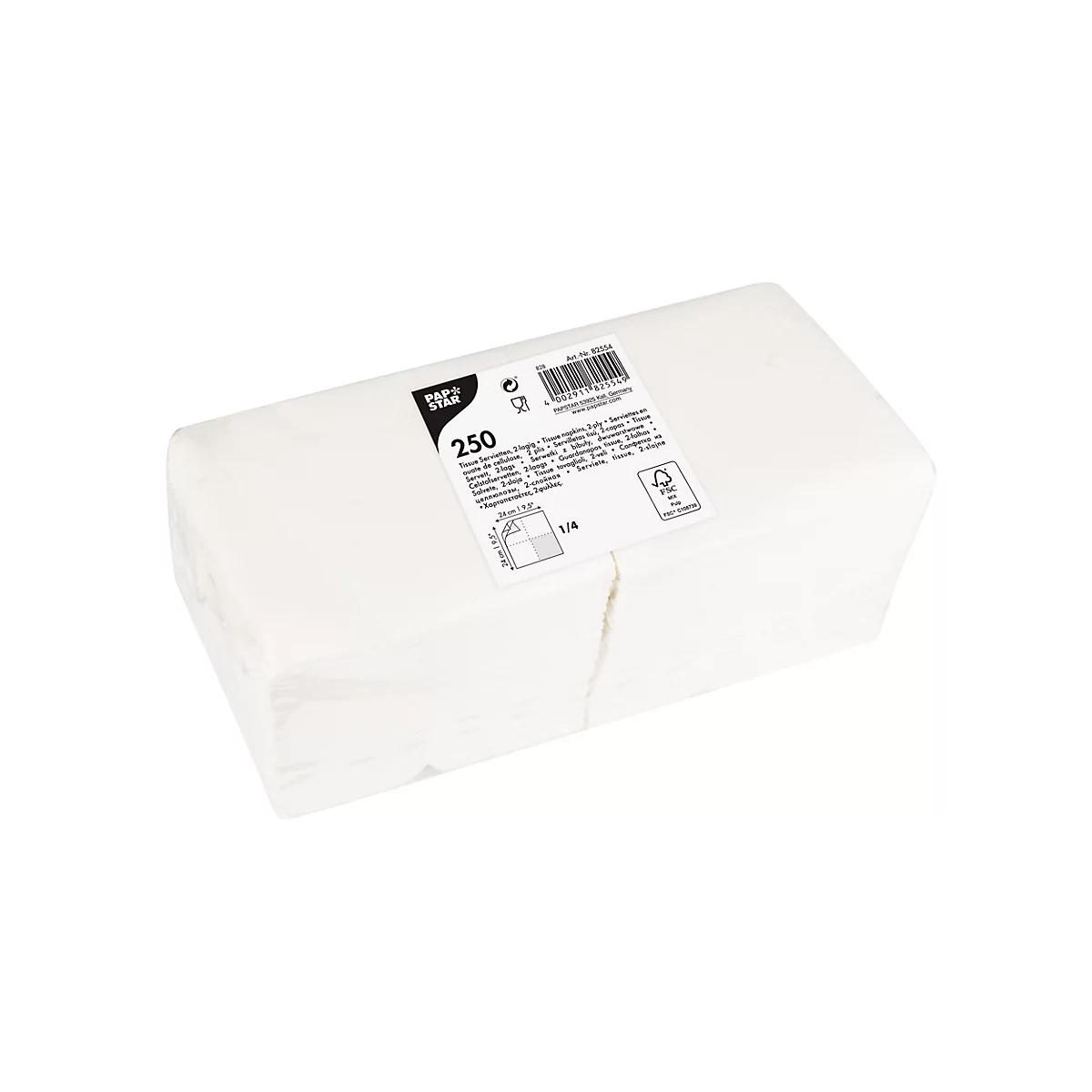 Ein rechteckiges, weißes Paket Papiertaschentücher, beschriftet mit "250" und Produktinformationen.