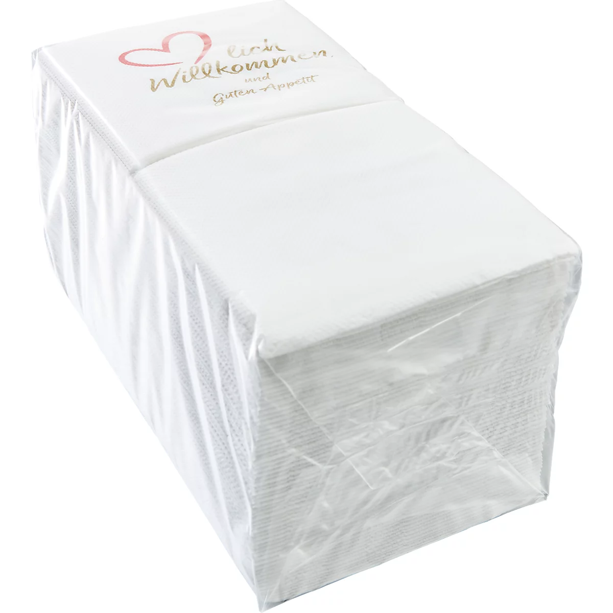 Ein Paket weiße Servietten, in Folie verpackt. Aufgedruckt sind ein rotes Herz und der Schriftzug "Ein Willkommen mit gutem Appetit".