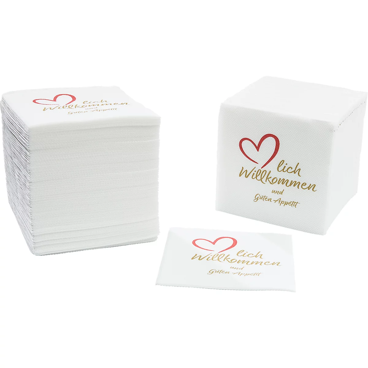 Servietten mit "Willkommen" und Herz. Eine Packung mit Servietten und ein gefalteter Serviette.