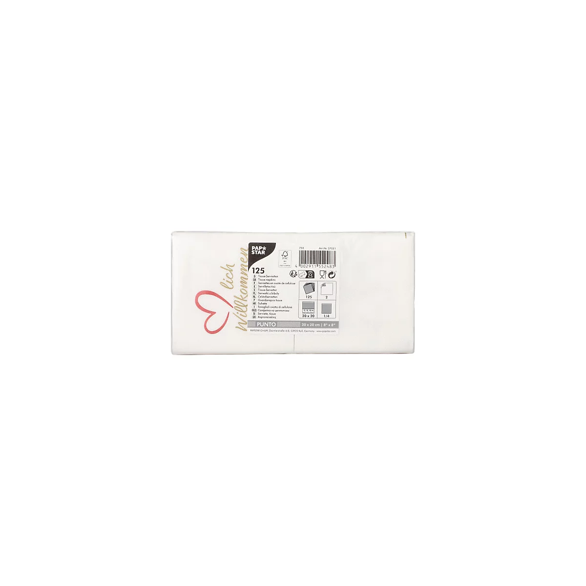 Paquet de serviettes blanches avec impression 'Bienvenue'. Forme de cœur et informations sur le produit visibles.