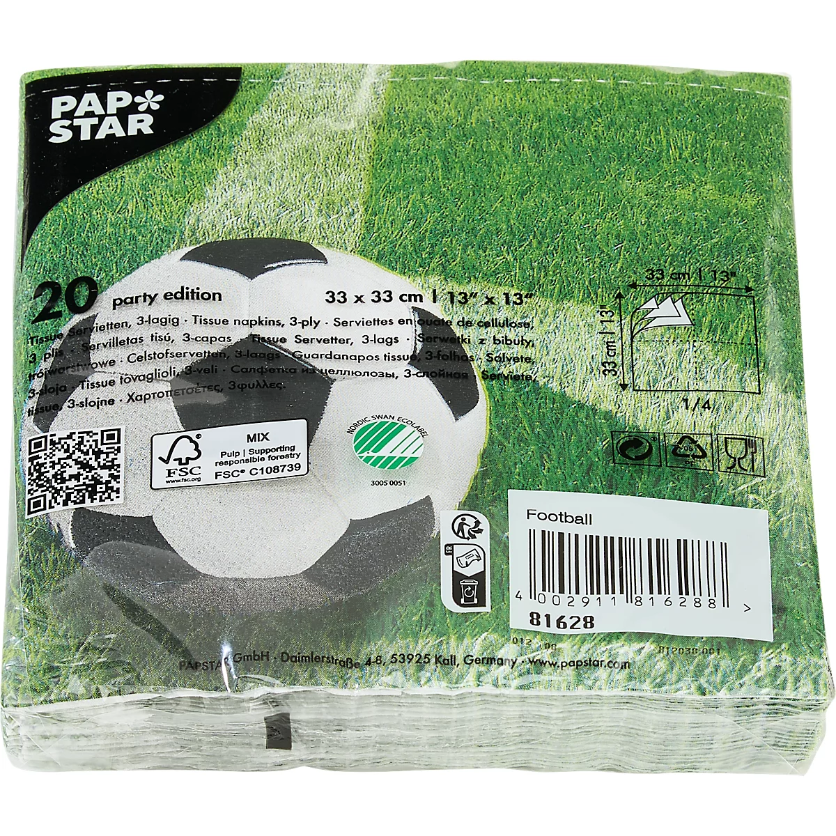 Papstar serviettes de table 'Football', 3 plis, 1/4-plis, certifié FSC®, L 330 x H 330 mm, papier tissu, imprimé multicolore, 20 pièces