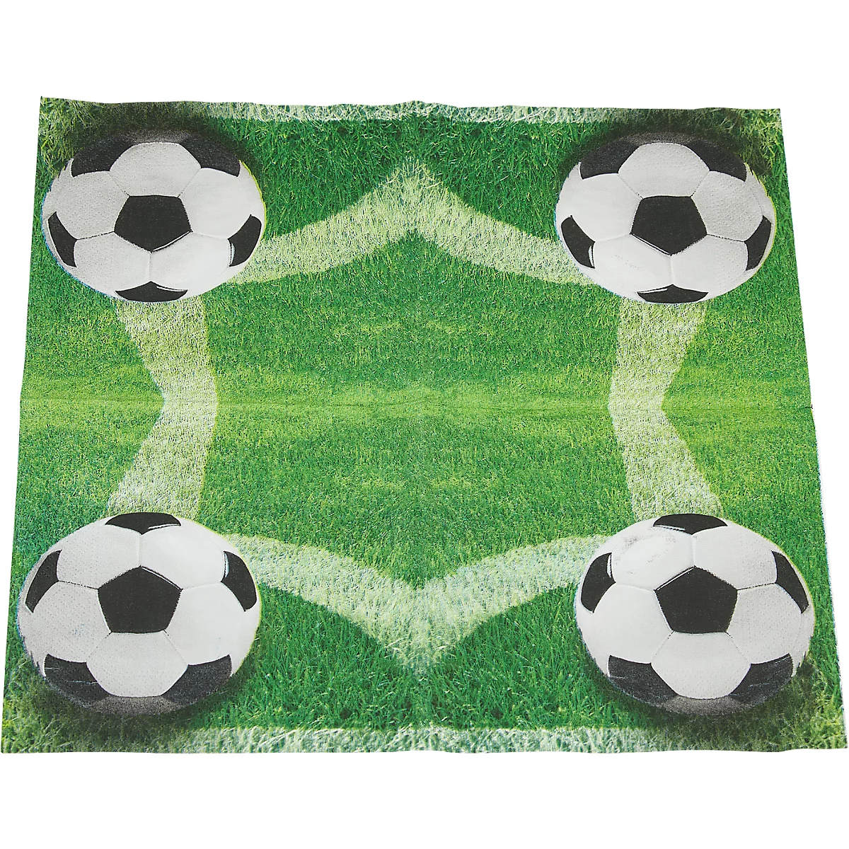 Serviette carrée avec un motif de football : Quatre ballons de football sur une pelouse avec des lignes blanches.