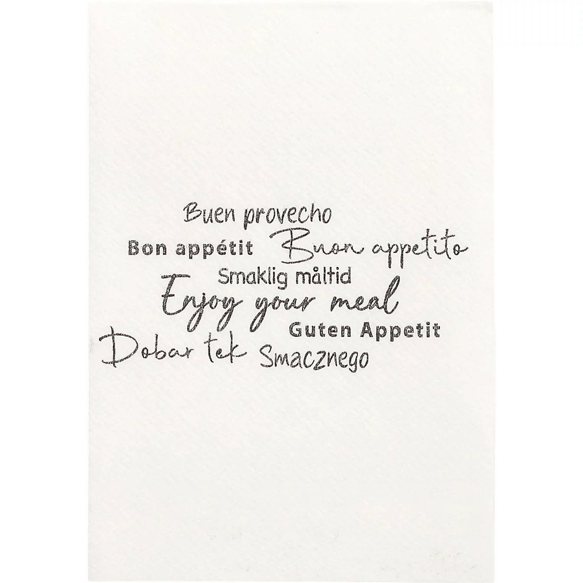 Auf weißem Hintergrund ein Schriftzug in mehreren Sprachen: Guten Appetit, Enjoy your meal usw.