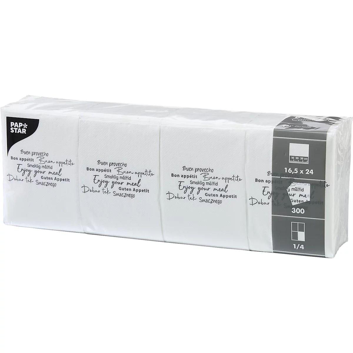 Packung weißer Papierservietten mit Aufdruck. Aufdruck in mehreren Sprachen: Buon Proveccho, Bon appétit, Enjoy your meal, Guten Appetit etc.
