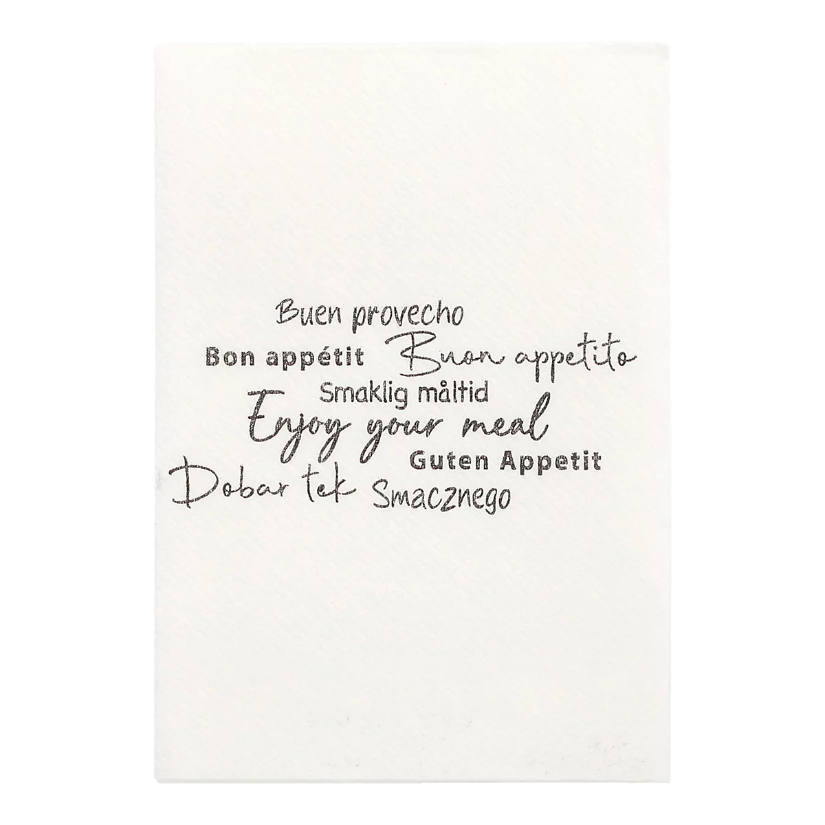 Ein cremefarbenes Servietten-Detail mit Texten in verschiedenen Sprachen: „Buen provecho“, „Bon appétit“, „Enjoy your meal“.