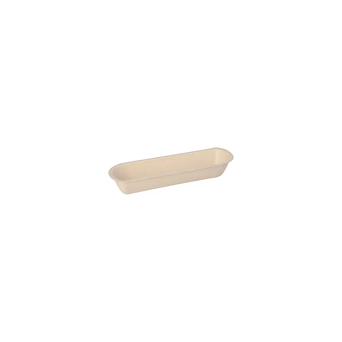 Bol en carton jetable beige et long. Coins arrondis, surface légèrement côtelée.