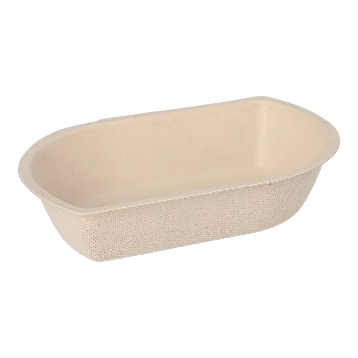 Beige, rechteckige, leicht ovale Schale aus Pappe, leer.