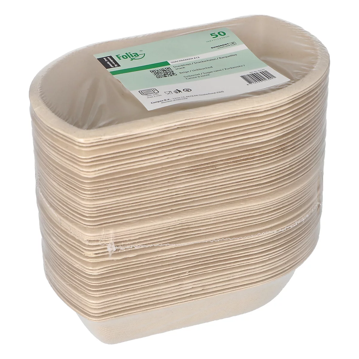 Ein Stapel ovaler, holzähnlicher Schalen, verpackt in Folie. Ein Etikett mit Aufdruck '50' liegt obenauf.