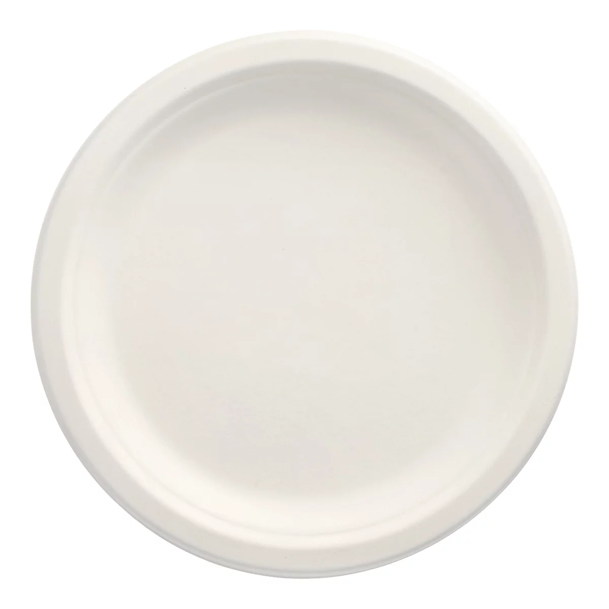 Een witte, ronde plaat gefotografeerd op een witte achtergrond.