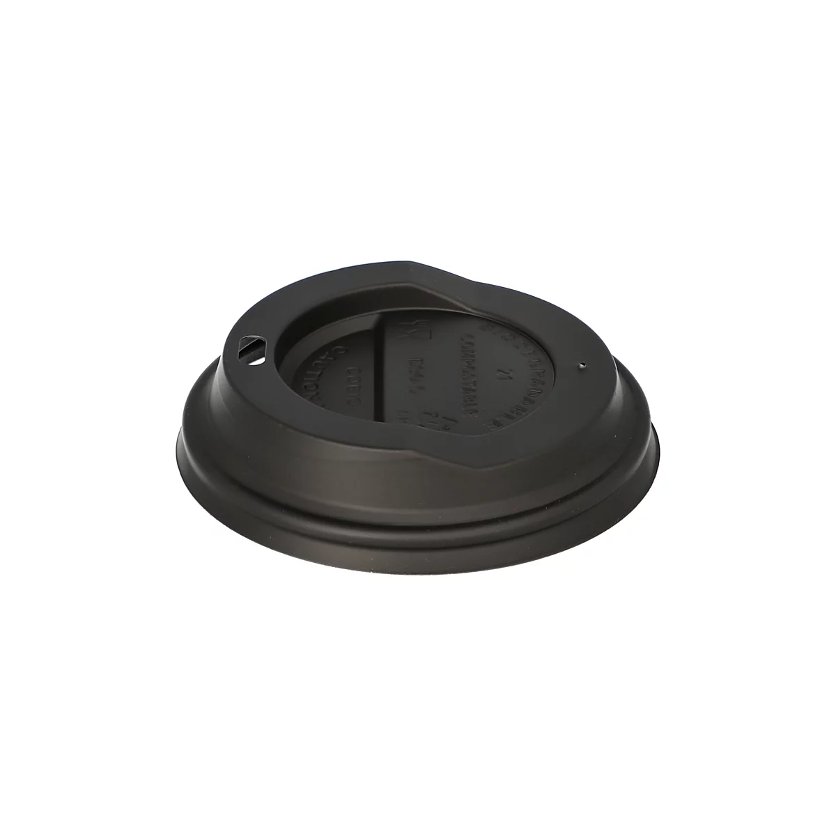 Couvercle noir pour une tasse à café, avec une ouverture pour boire et des bords légèrement surélevés.