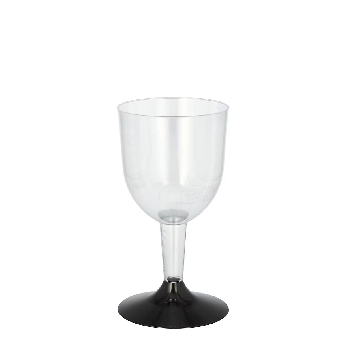 Verre à vin transparent avec base noire. Le calice est large et arrondi, la base est ronde.