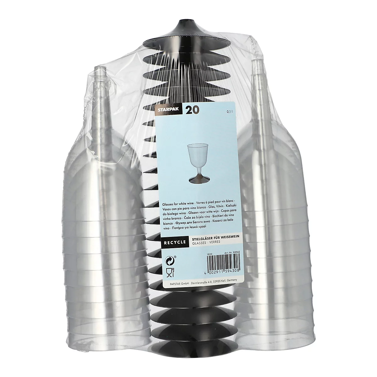 Packung mit 20 transparenten Weingläsern aus Kunststoff. Schwarzer Standfuß in der Mitte, verpackt in Plastikfolie, mit Etikett.