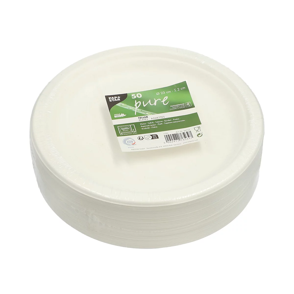 Ein Stapel weißer Pappteller mit Etikett '50 pure'.