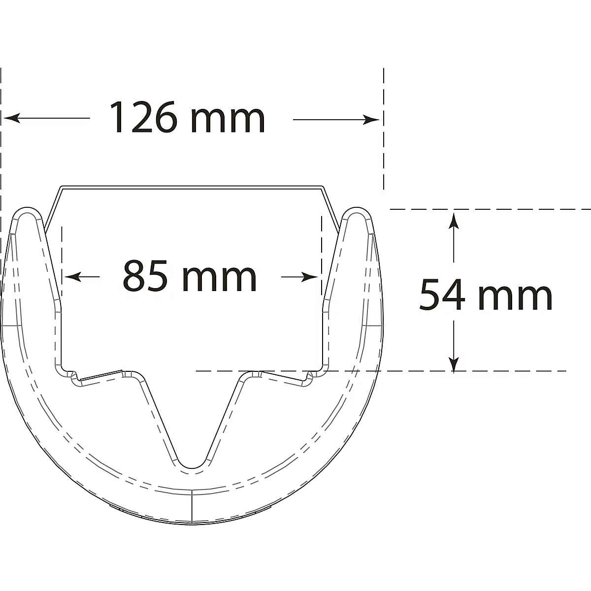 Dibujo técnico de un perfil en forma de U con dimensiones: 126 mm, 85 mm y 54 mm.