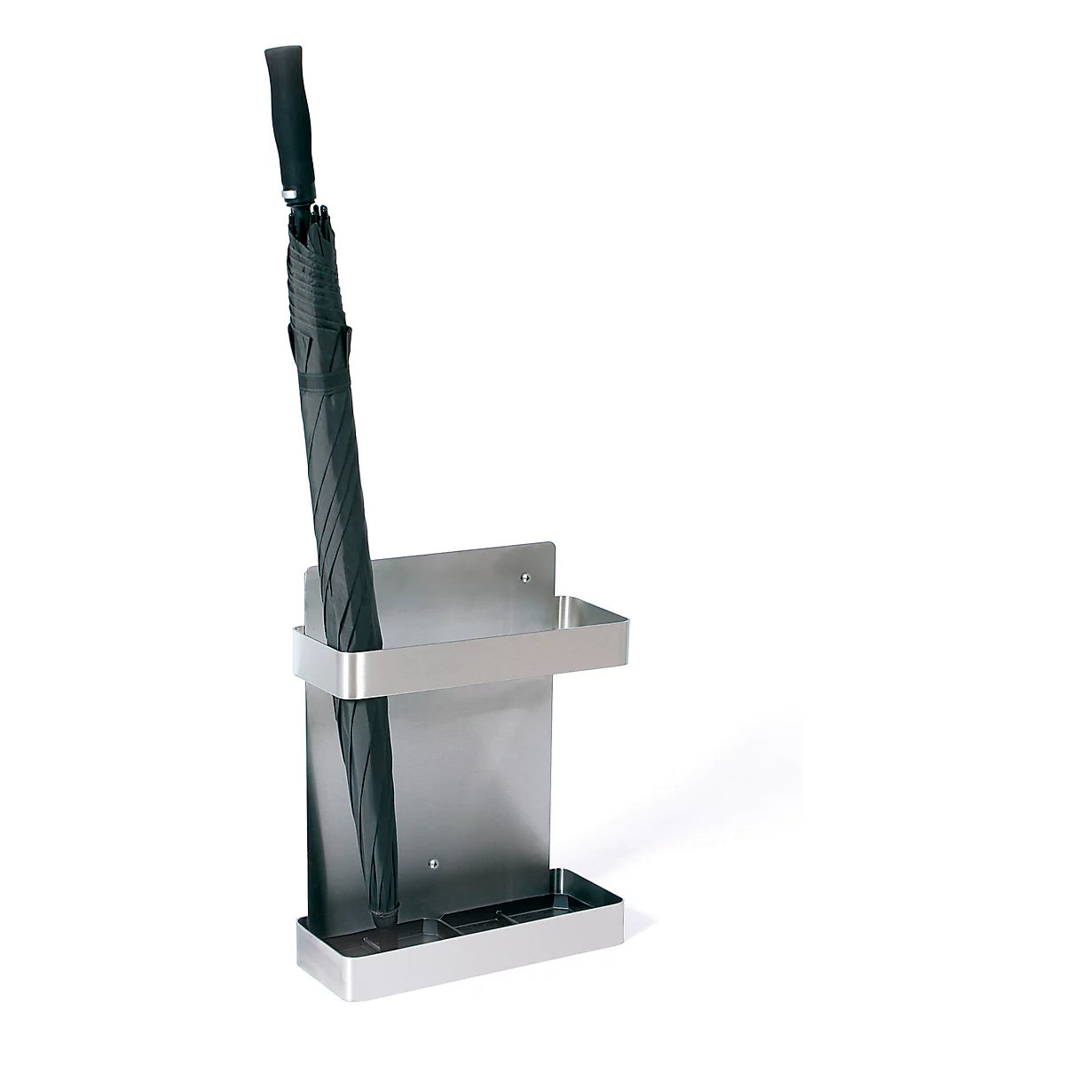 Paragüero Elly, para montaje suspendido en pared, con 2 bandejas recogegotas, A 370 x P 140 x A 450 mm, acero inoxidable/plástico
