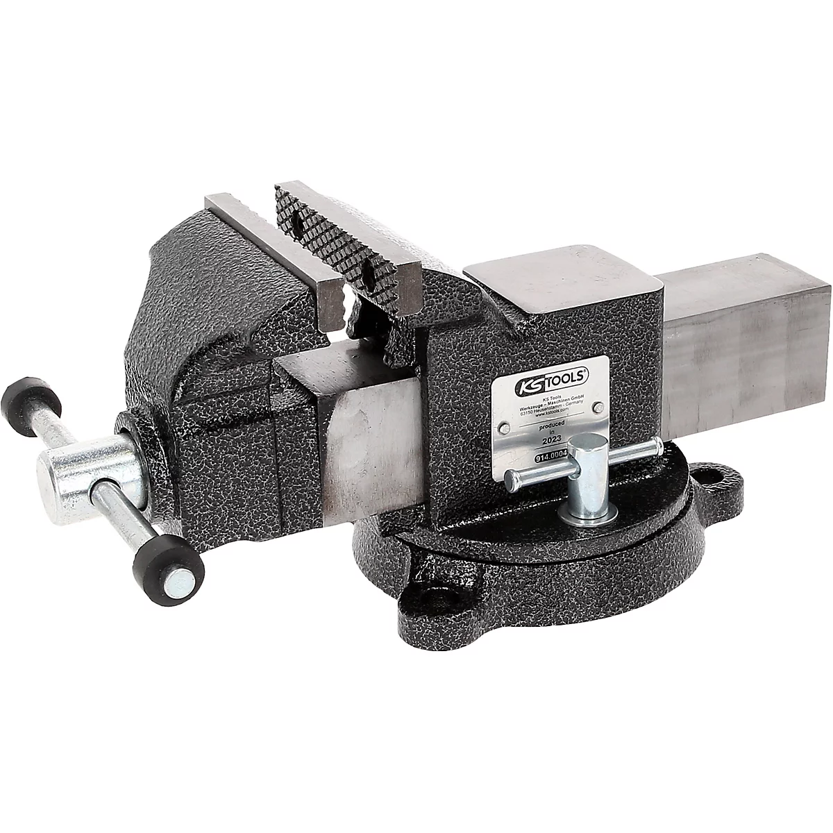 Schraubstock aus Metall, Details der Kanten. KS TOOLS Label.