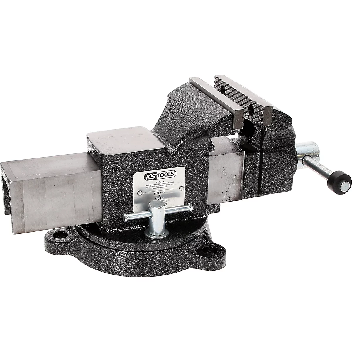 Schwarzer Schraubstock mit Metallbacken, Griff und Firmenlogo.