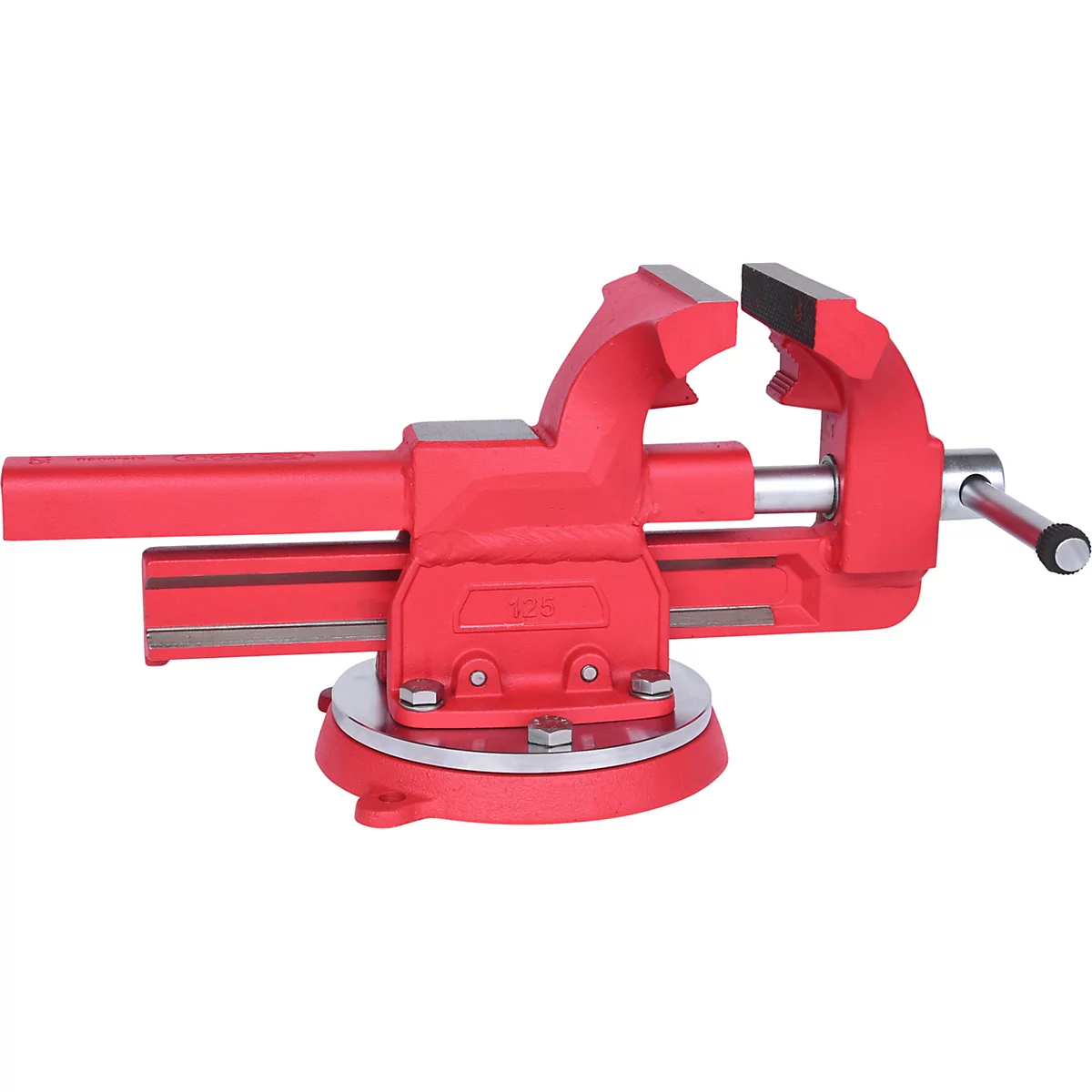 Roter Schraubstock mit Metallgriffen und Sockel. Der Schraubstock ist in der Mitte geöffnet.