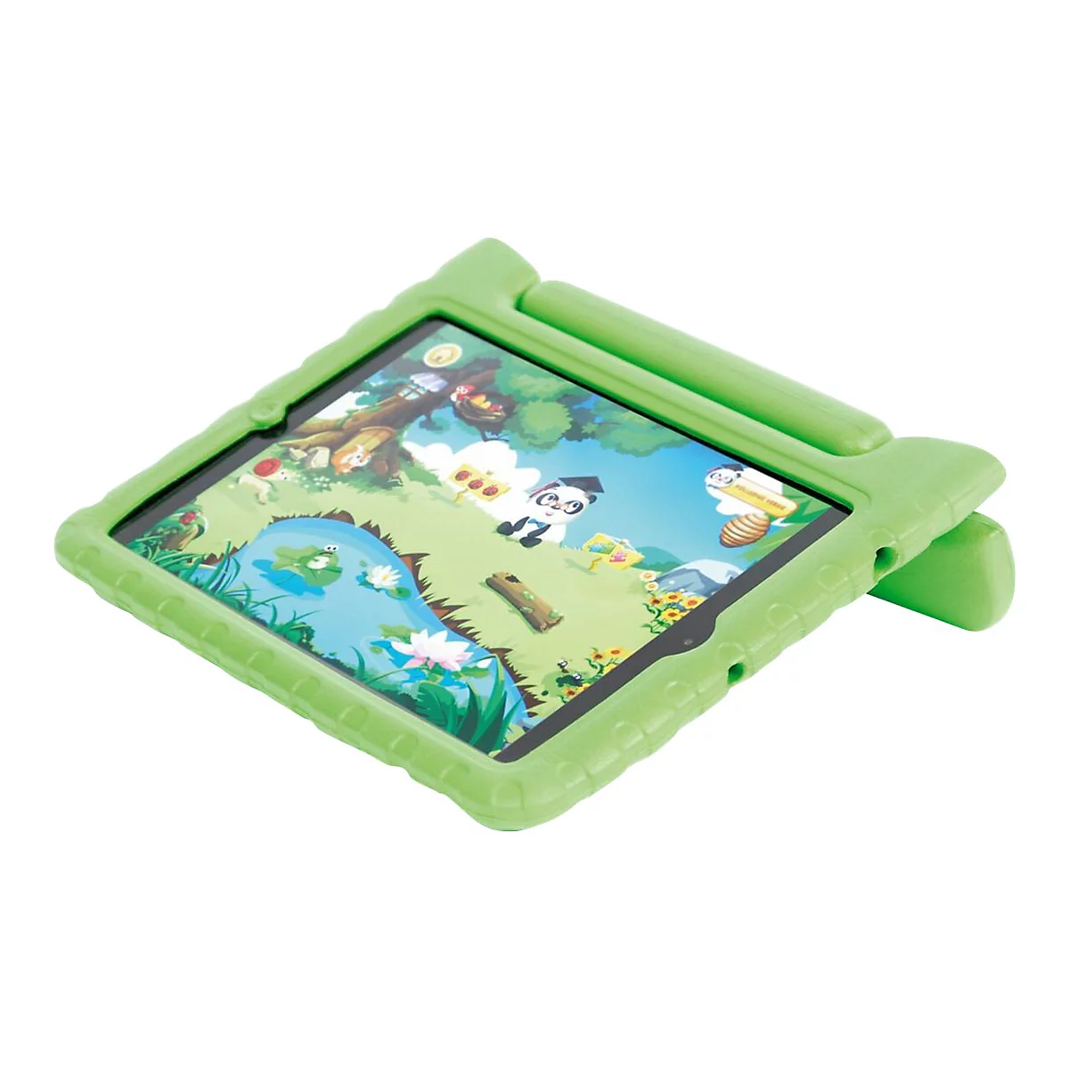 Hellgrüne Schutzhülle für Kinder-Tablet mit Panda-Lernspiel auf dem Bildschirm vor weißem Hintergrund.