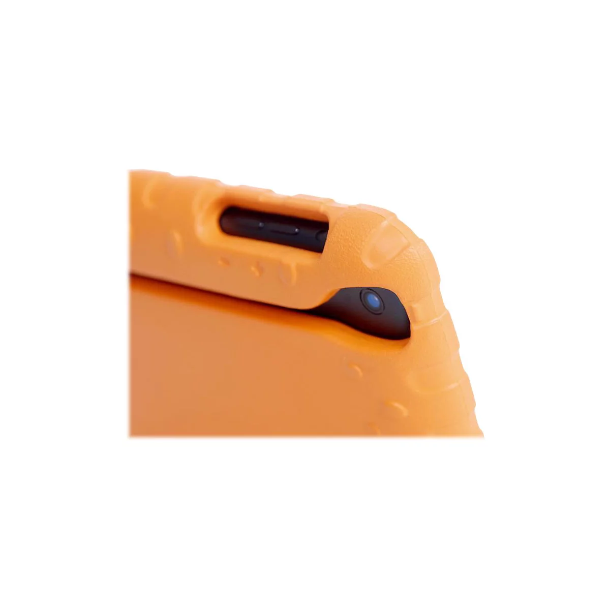 Nahaufnahme der Ecke einer orangen Tablet-Schutzhülle mit Aussparung für Kamera und Tasten.
