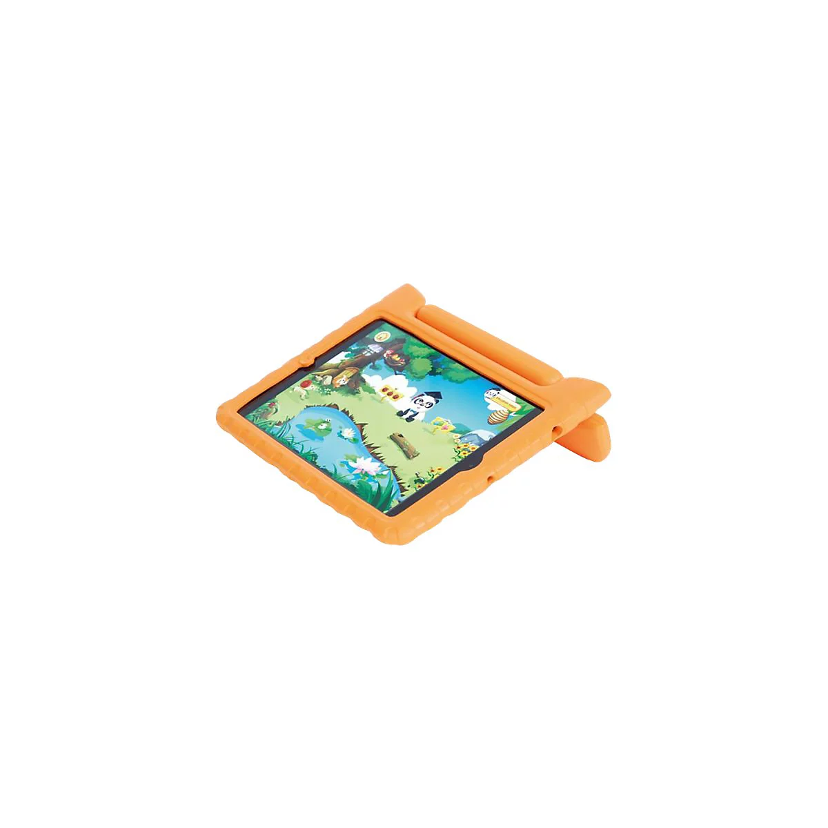 Ein Tablet in einer robusten, orangefarbenen Schutzhülle mit integriertem Ständer zeigt eine bunte Lernspiel-App.
