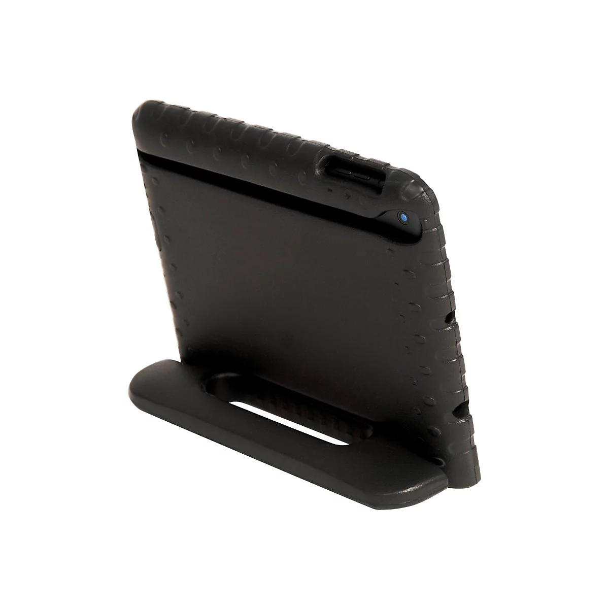 Schwarze Schutzhülle für Tablets mit integriertem Ständer, Ansicht von hinten auf weißem Hintergrund.
