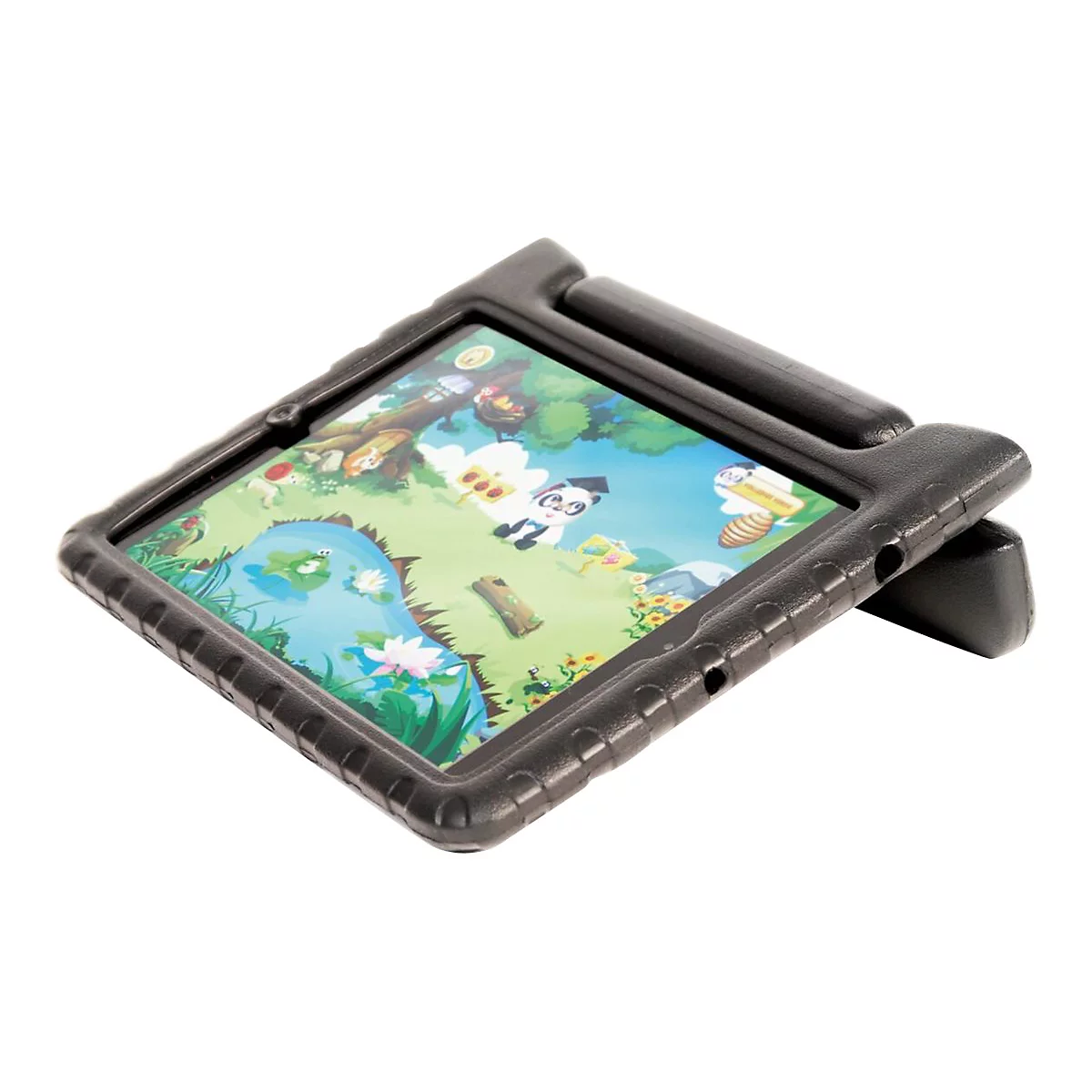 Tablet in robuster schwarzer Schutzhülle mit ausklappbarem Ständer und bunter Lern-App auf dem Display.